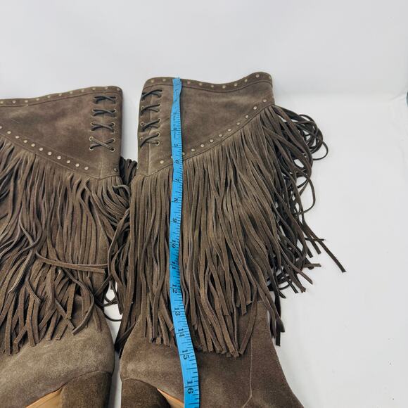 INC Tolla Suede Fringe Knee High Boots Taupe Western Boho Studded 8.5M - Picture 11 of 12